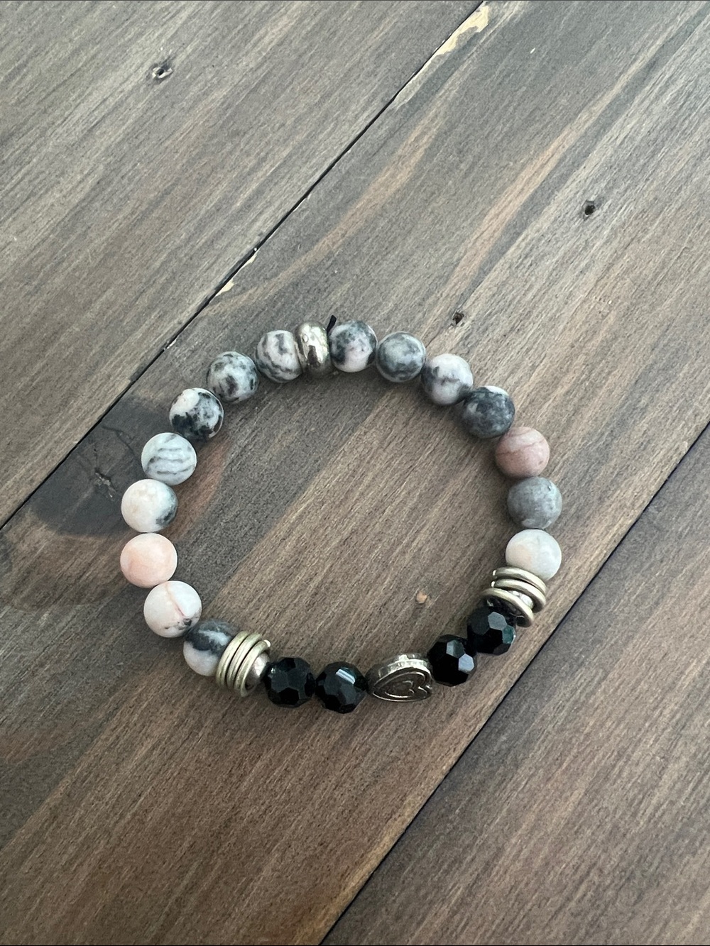 Beaded Stretch Bracelet with Pink and Black Accents